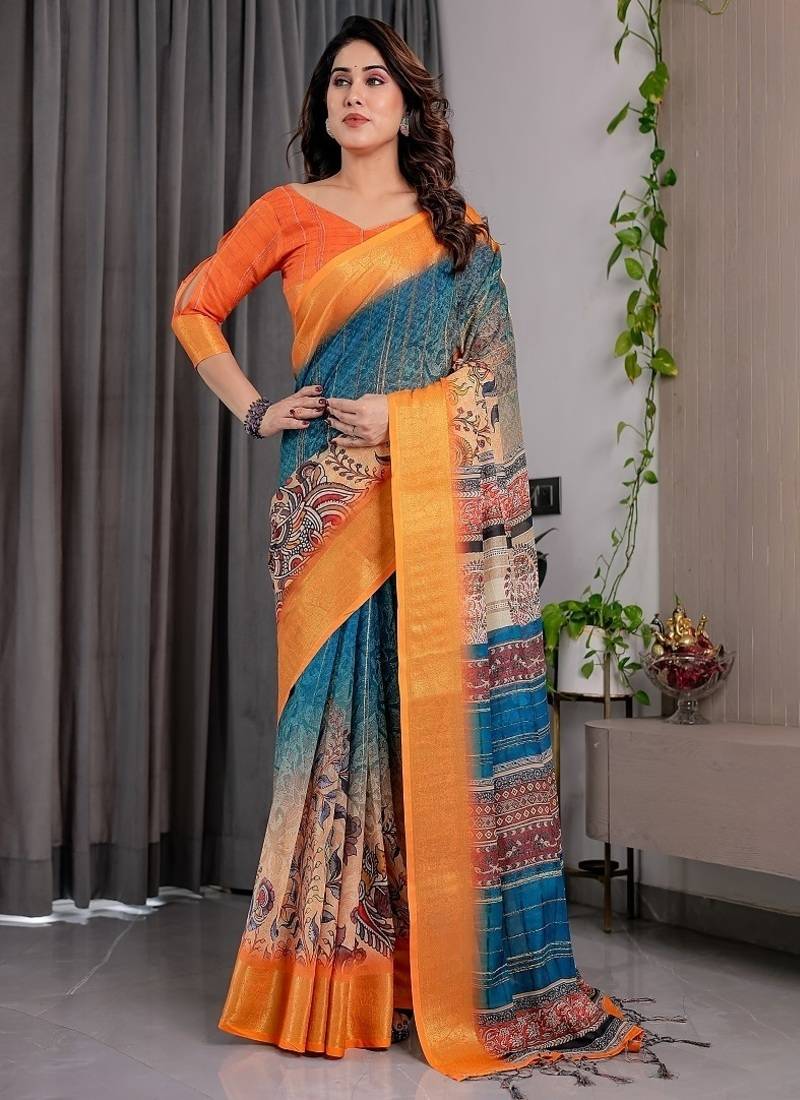 Mustrad Color digital floral prints And Zari Woven Work linen Saree