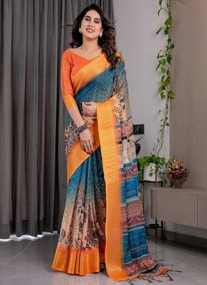 Mustrad Color digital floral prints And Zari Woven Work linen Saree 1