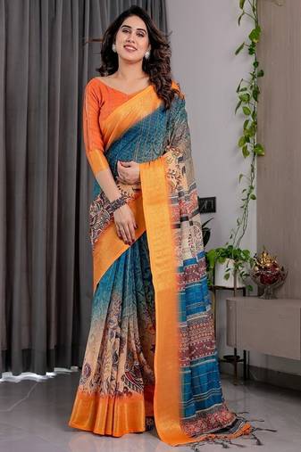 Mustrad digital floral prints And Zari Woven Work linen Saree