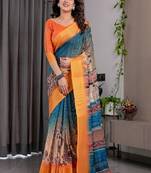 Mustrad Color digital floral prints And Zari Woven Work linen Saree