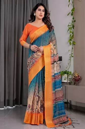 Mustrad Color digital floral prints And Zari Woven Work linen Saree