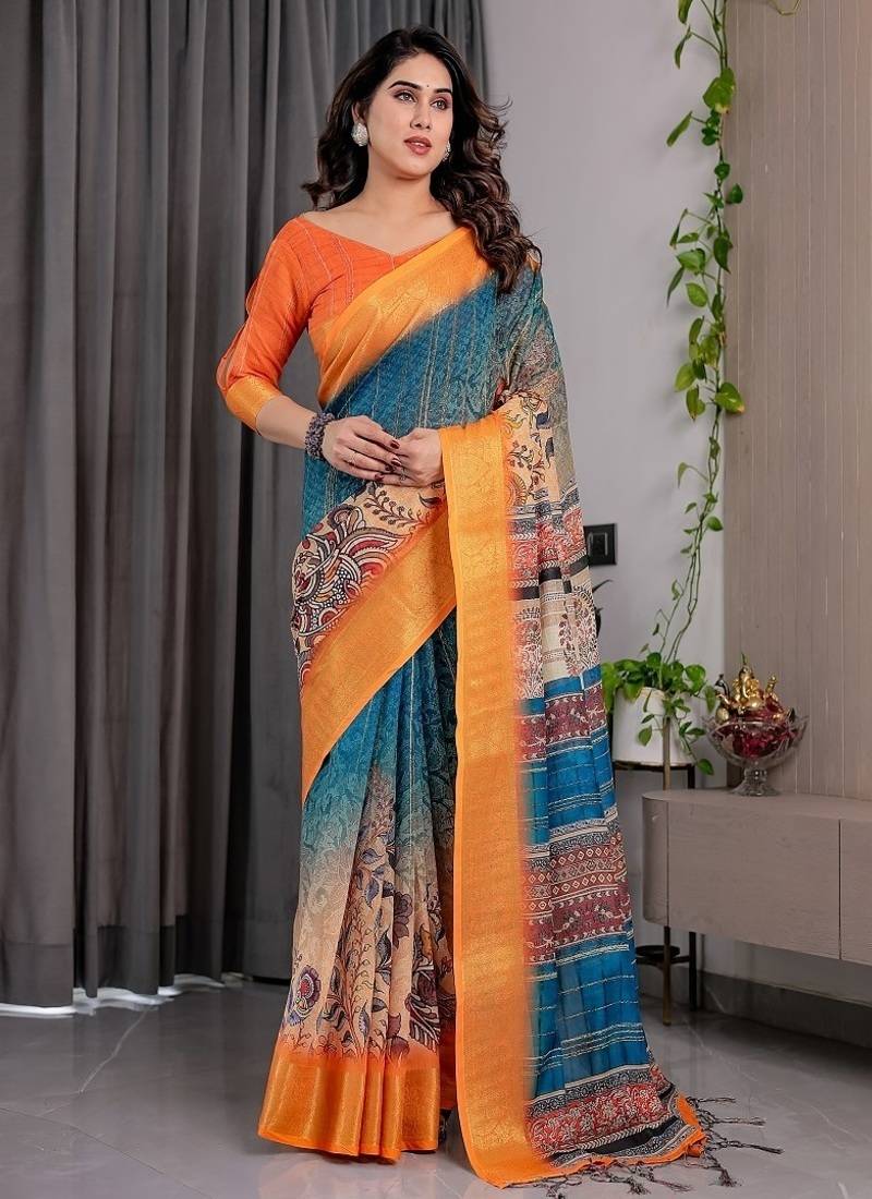 Mustrad Color digital floral prints And Zari Woven Work linen Saree