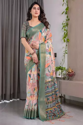 Olive Color digital floral prints And Zari Woven Work linen Saree