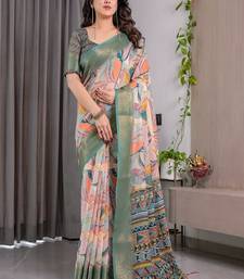 Olive Color digital floral prints And Zari Woven Work linen Saree