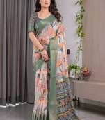 Olive Color digital floral prints And Zari Woven Work linen Saree