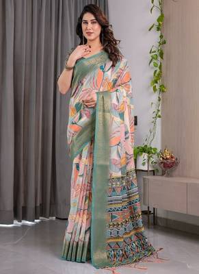 Olive Color digital floral prints And Zari Woven Work linen Saree 2