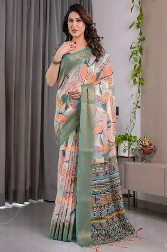 Olive Color digital floral prints And Zari Woven Work linen Saree