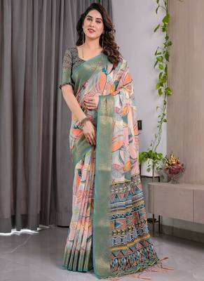 Olive Color digital floral prints And Zari Woven Work linen Saree 3