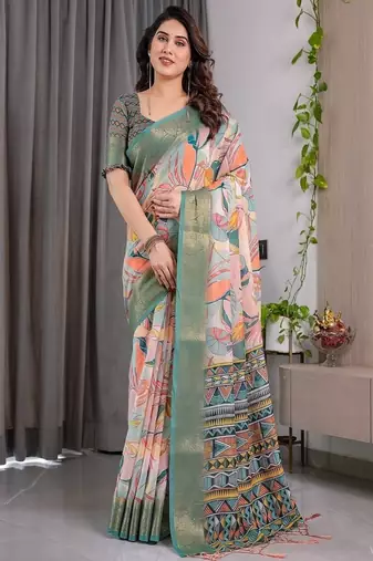 Olive Color digital floral prints And Zari Woven Work linen Saree