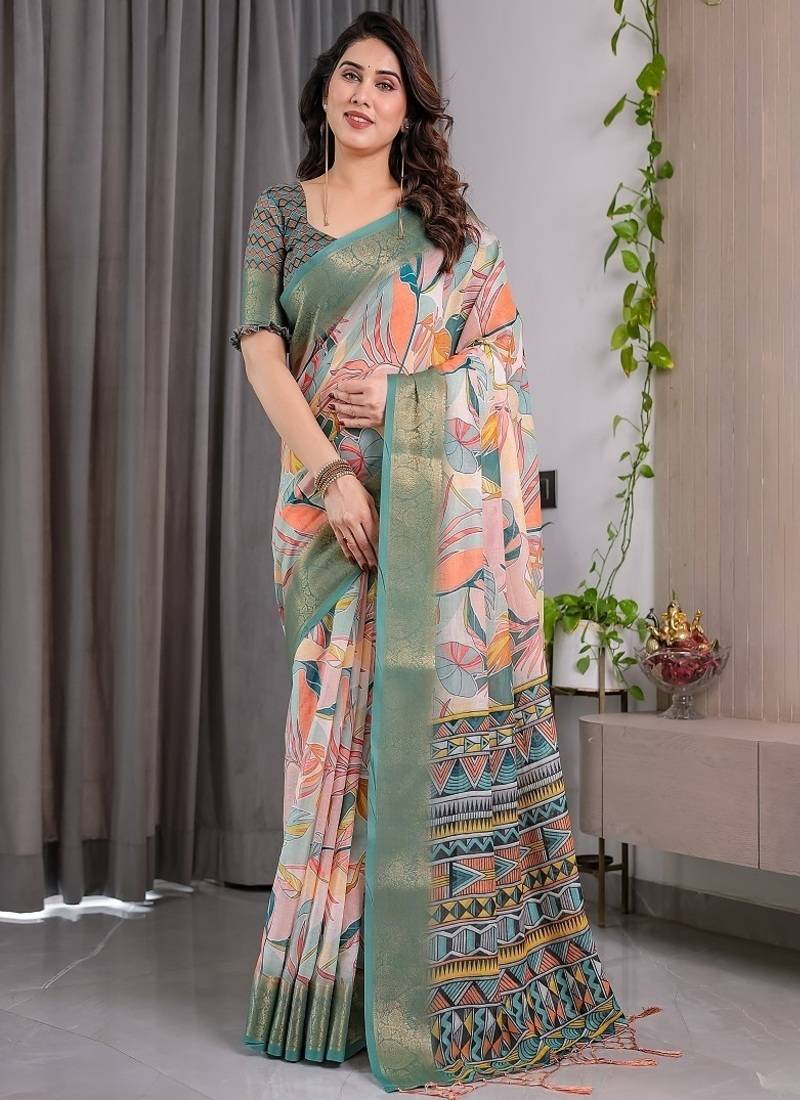 Olive Color digital floral prints And Zari Woven Work linen Saree