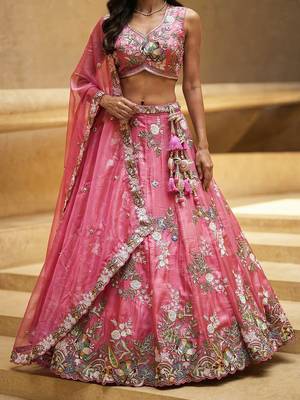 Women's Pink Tissue Woolen Embroidered Lehenga Choli with Dupatta 3