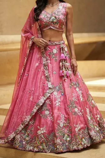 Women's Pink Tissue Woolen Embroidered Lehenga Choli with Dupatta