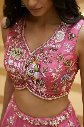 Women's Pink Tissue Woolen Embroidered Lehenga Choli with Dupatta