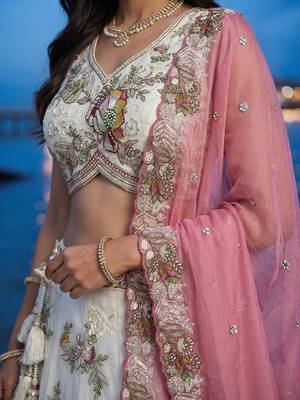 Women's Cream Tissue Woolen Embroidered Lehenga Choli with Dupatta 1