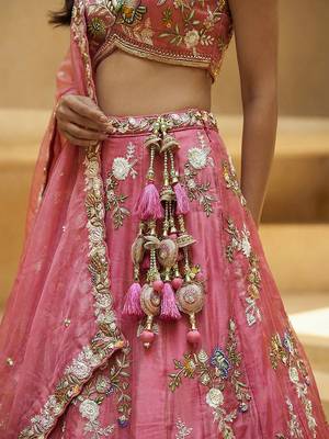 Women's Pink Tissue Woolen Embroidered Lehenga Choli with Dupatta 5