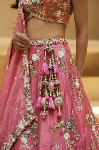 Women's Pink Tissue Woolen Embroidered Lehenga Choli with Dupatta