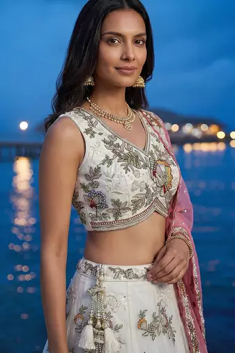 Women's Cream Tissue Woolen Embroidered Lehenga Choli with Dupatta