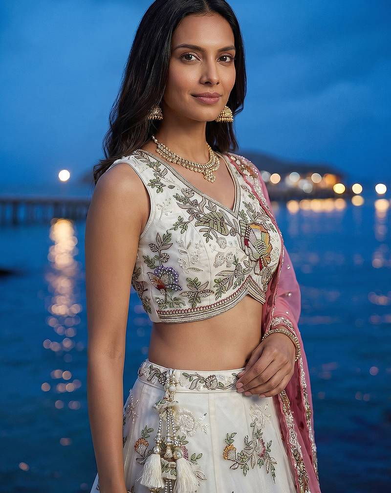 Women's Cream Tissue Woolen Embroidered Lehenga Choli with Dupatta
