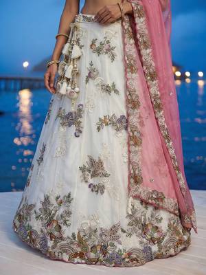 Women's Cream Tissue Woolen Embroidered Lehenga Choli with Dupatta 3