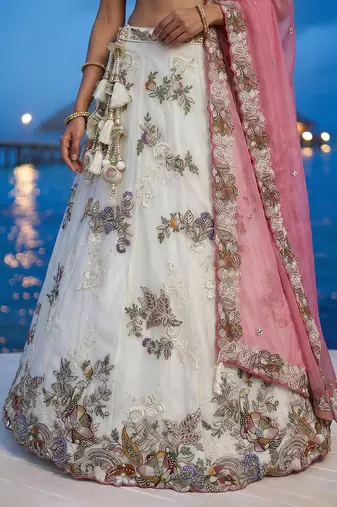 Women's Cream Tissue Woolen Embroidered Lehenga Choli with Dupatta