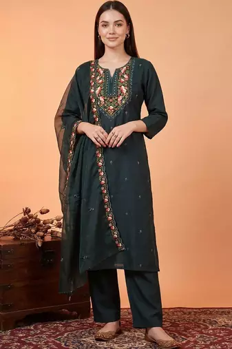 Women Floral Embroidered Regular Thread Work Kurta with Trousers & With Dupatta