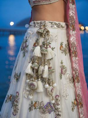 Women's Cream Tissue Woolen Embroidered Lehenga Choli with Dupatta 5