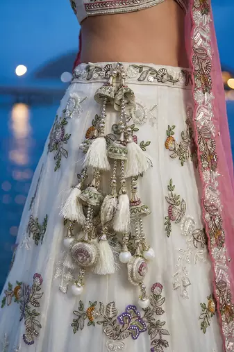 Women's Cream Tissue Woolen Embroidered Lehenga Choli with Dupatta