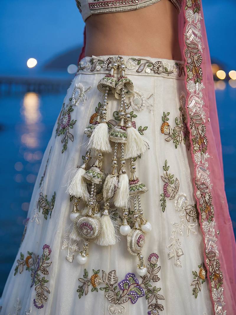 Women's Cream Tissue Woolen Embroidered Lehenga Choli with Dupatta
