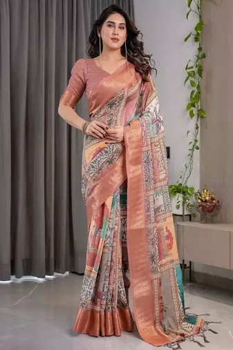 Peach Color digital floral prints And Zari Woven Work linen Saree