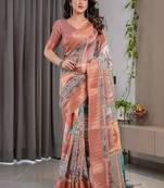 Peach Color digital floral prints And Zari Woven Work linen Saree