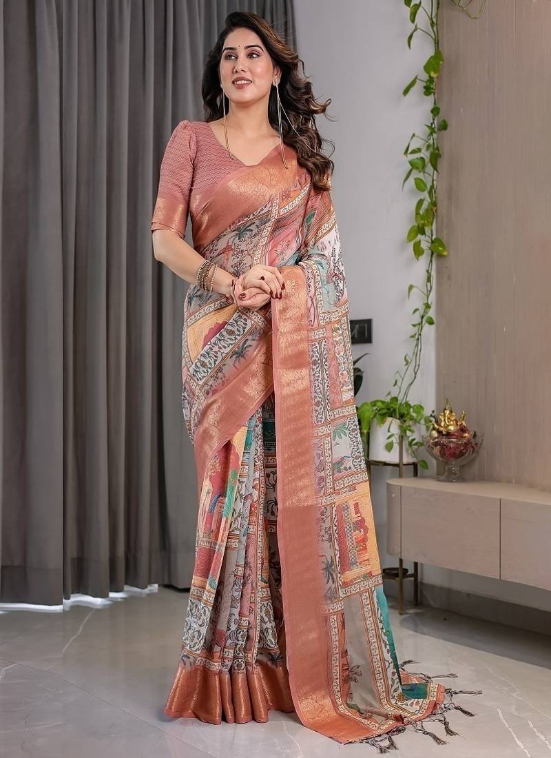Peach Color digital floral prints And Zari Woven Work linen Saree