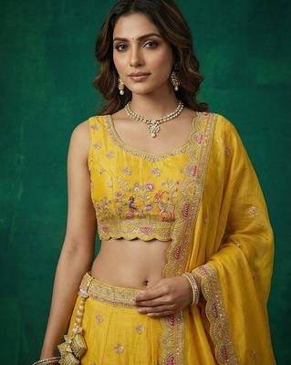 Women's Yellow Tissue Zarkan Embroidered Lehenga Choli with Dupatta 2