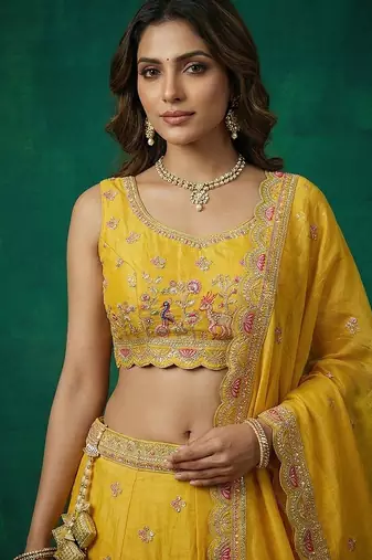 Women's Yellow Tissue Zarkan Embroidered Lehenga Choli with Dupatta
