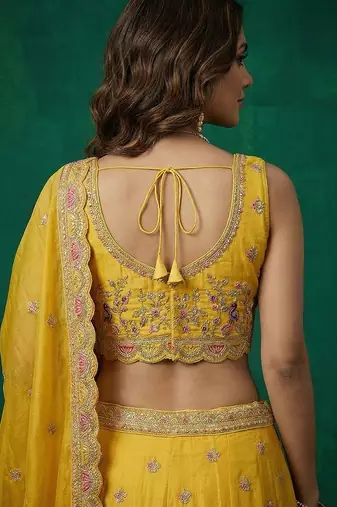 Women's Yellow Tissue Zarkan Embroidered Lehenga Choli with Dupatta