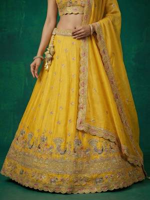 Women's Yellow Tissue Zarkan Embroidered Lehenga Choli with Dupatta 4
