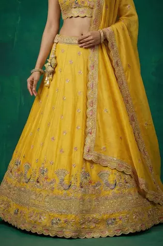 Women's Yellow Tissue Zarkan Embroidered Lehenga Choli with Dupatta