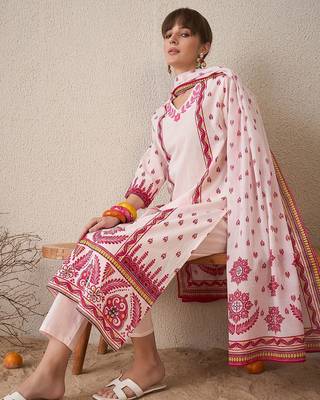 Floral Printed V-Neck Pure Cotton Straight Kurta With Trousers & Dupatta 1