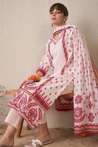 Floral Printed V-Neck Pure Cotton Straight Kurta With Trousers & Dupatta