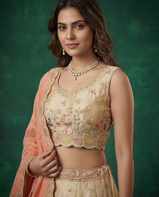 Women's Beige Tissue Zarkan Embroidered Lehenga Choli with Dupatta 2