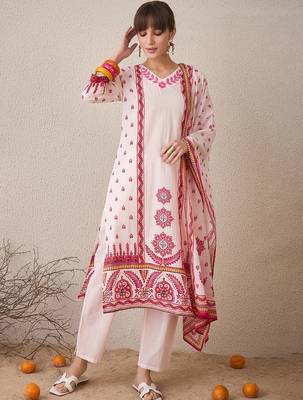 Floral Printed V-Neck Pure Cotton Straight Kurta With Trousers & Dupatta 2