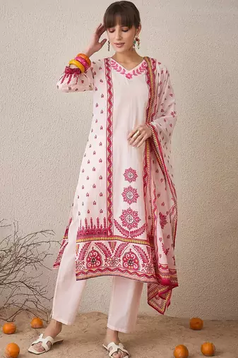 Floral Printed V-Neck Pure Cotton Straight Kurta With Trousers & Dupatta