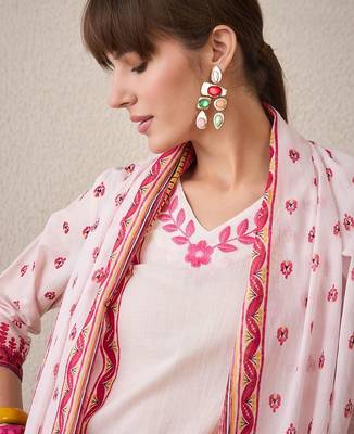 Floral Printed V-Neck Pure Cotton Straight Kurta With Trousers & Dupatta 3