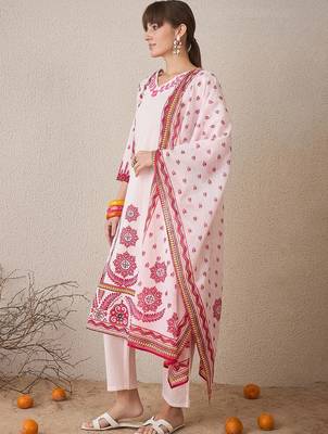 Floral Printed V-Neck Pure Cotton Straight Kurta With Trousers & Dupatta 4