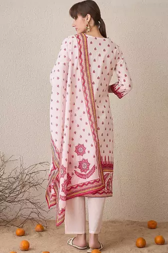 Floral Printed V-Neck Pure Cotton Straight Kurta With Trousers & Dupatta