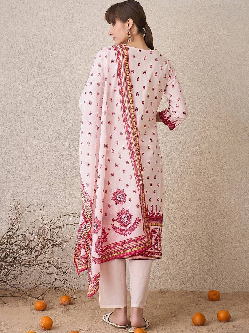 Floral Printed V-Neck Pure Cotton Straight Kurta With Trousers & Dupatta