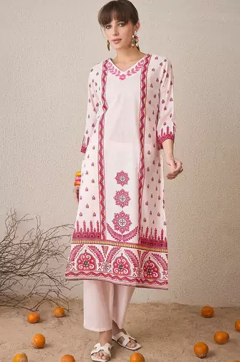Floral Printed V-Neck Pure Cotton Straight Kurta With Trousers & Dupatta