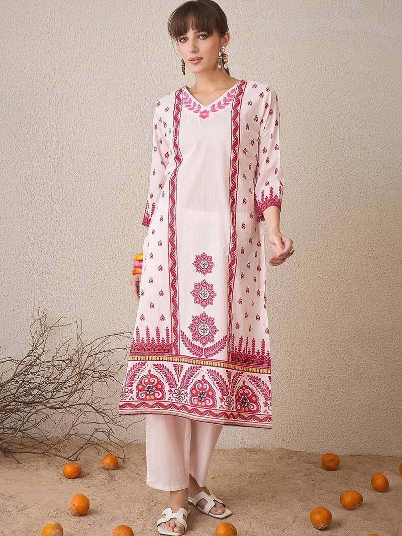 Floral Printed V-Neck Pure Cotton Straight Kurta With Trousers & Dupatta