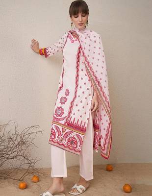 Floral Printed V-Neck Pure Cotton Straight Kurta With Trousers & Dupatta 7