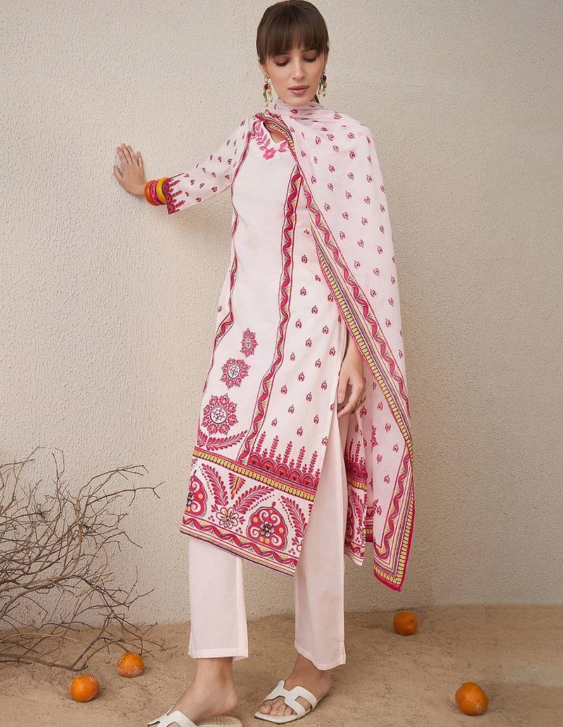 Floral Printed V-Neck Pure Cotton Straight Kurta With Trousers & Dupatta