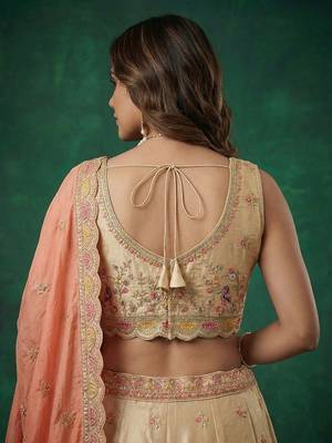 Women's Beige Tissue Zarkan Embroidered Lehenga Choli with Dupatta 3